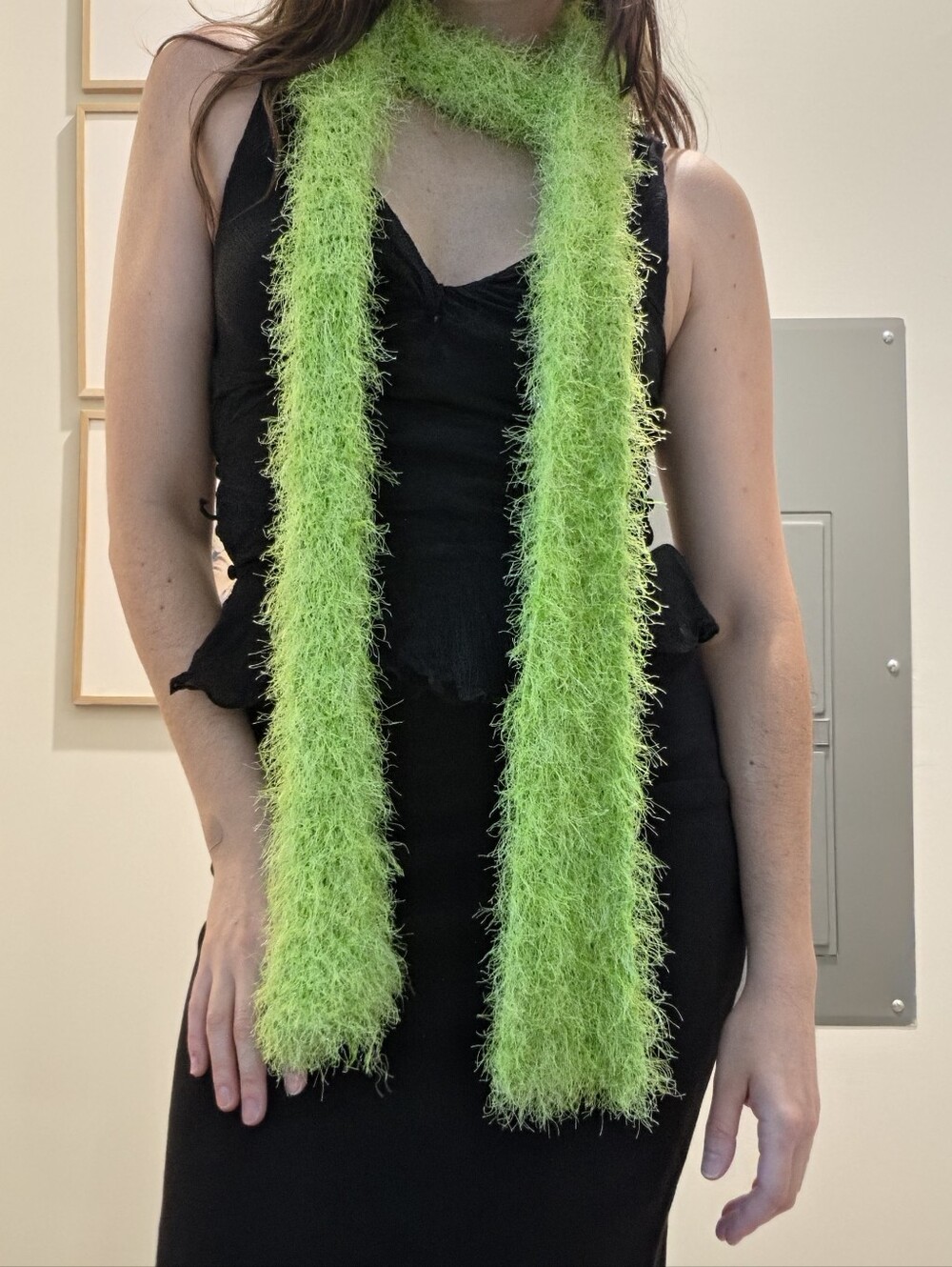 Y2K Lime Green Fuzzy Sparkly Eyelash Knit Scarf Skinny Shaggy Fairy Grunge 2000s